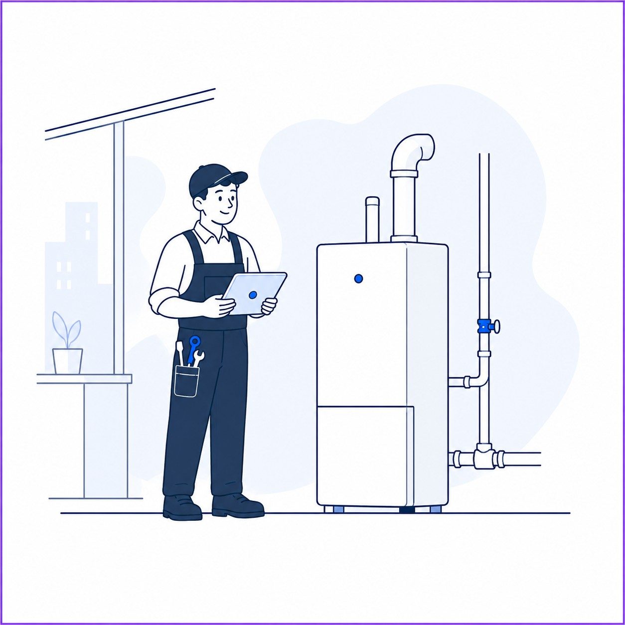 Commercial heating engineer inspecting a boiler plant room