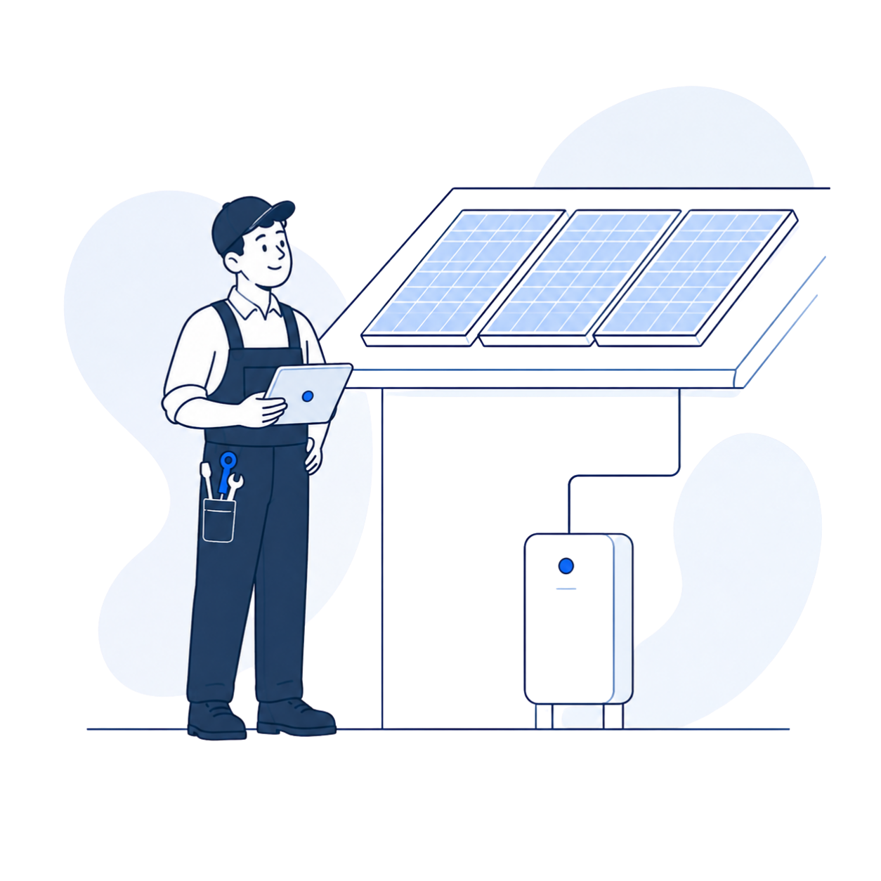 Solar installer checking solar panels and home battery storage