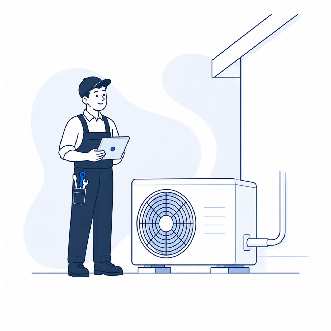 Engineer inspecting an outdoor air source heat pump