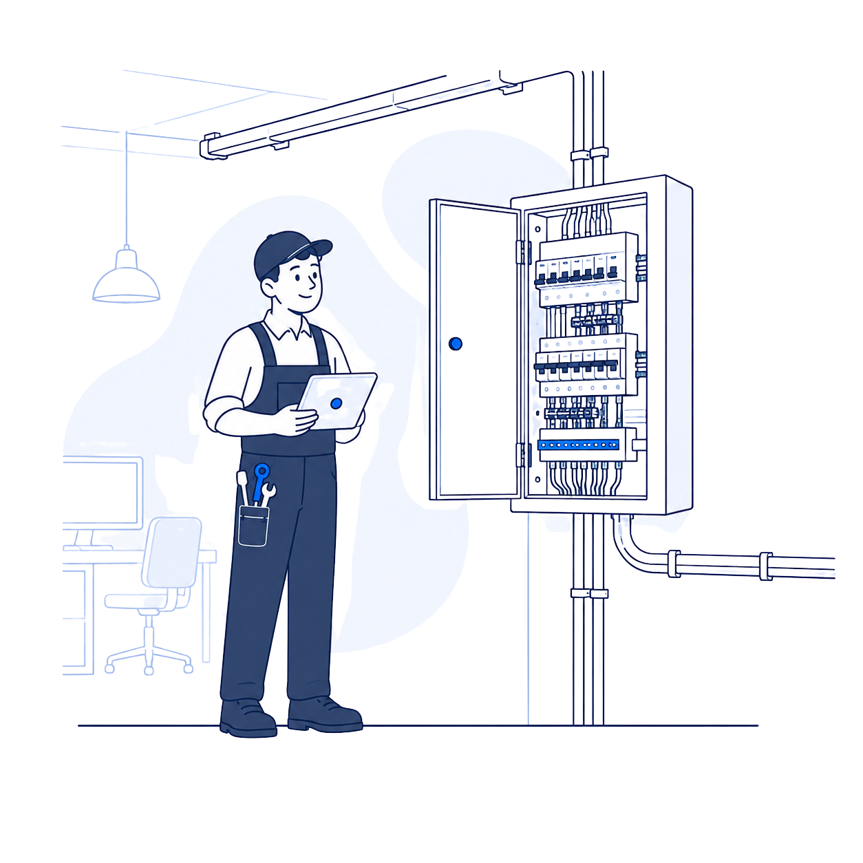Commercial electrician inspecting an electrical distribution board